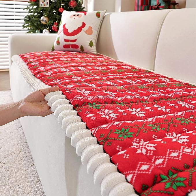 Plush Warm Sofa Cover, Pet Couch Cover for 2-3 Seater Sofas, Sofa Covers for Pet Washable, Non-slip Christmas Couch Covers for Pets, Dog Couch Protectors for Christams(1PC,Light Red,27.6"×70.9") by PJLZJFBY