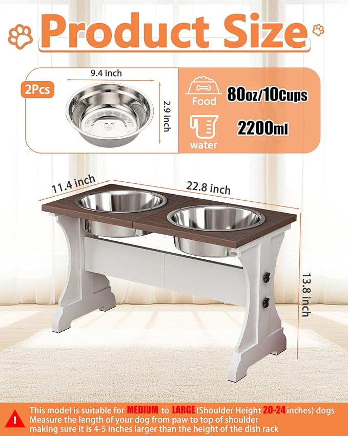Piskyet Elevated Dog Bowls,Farmhouse Dog Bowls Stand, Raised Dog Bowl with 2 Stainless Steel Wooden Dogs Bowls 9 Cups 13.8''H_80 oz Bowl-Farmhouse Style - Image 2