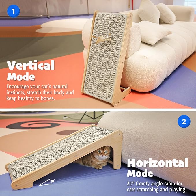 PETKARAY Cat Scratcher, Sisal Cat Scratching Ramp, L Shape Scratch Board for Indoor Kitty, 27" Wall Furniture Protector with Mouse Toy, Chevron - Image 3