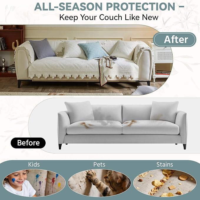 OTOB Cotton Quilted Dog Couch Covers for Sofa Washable Anti Slip, 1 Piece | Ivory, 27.6"x70.9", Rustic Farmhouse Embroidery, All Seasons, Soft Thick, Breathable, Wear-Resistant, Pet Friendly - Image 6