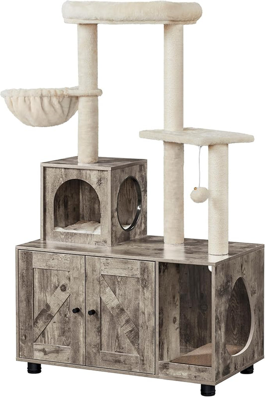 Yaheetech Litter Box Enclosure with Cat Tree, All-in-one Indoor Kitten House w/Scratching Posts, Wooden Cat Litter Box Furniture w/Kitty Condo, Platform, Greige/Beige by Unknown