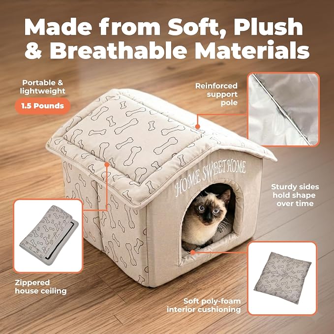 Best Pet Supplies Cat Bed for Indoor Cat, Domed Tent House with Removable Pillow, Covered Cat Cave for Small Dog, Puppies and All Breeds of Cats - Light Brown w/ Bones, 16 x 16 x H:14" - Image 3
