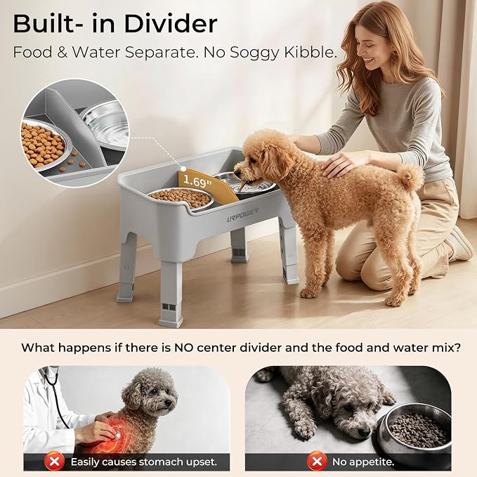 URPOWER Mess Proof Elevated Dog Bowls for Small Dogs with Splash Guard | 4 Height Adjustable Raised Stand with 2 Stainless Steel Food Bowls & Licking Plate for Small, Medium & Large Dogs - Image 5
