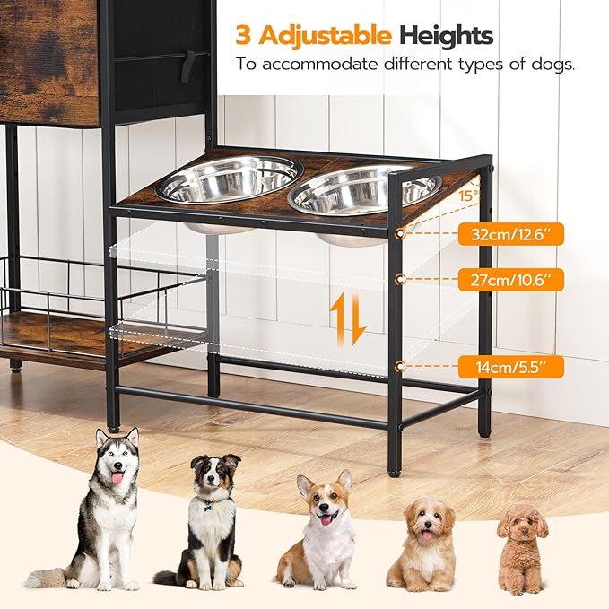 HOOBRO Elevated Dog Bowls Stand with Drawer, Height Adjustable Raised Feeding Station Cabinet with Storage Basket, 4-IN-1 Pet Storage Organizer for Large Medium Breeds, Rustic Brown and Black BF22PO03 - Image 3