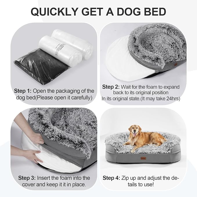 iweepet Fluffy Calming Orthopedic Dog Beds for Large & Extra Large Dogs, Supportive Dog Sofa Bed with 3.7 inch 28D Egg-Crate Foam, Removable Washable Plush Cover, Waterproof Lining,44’’,Grey - Image 9