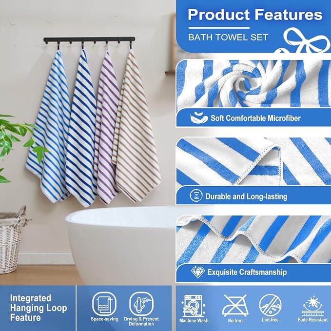 JML Microfiber Bath Towel Sets, 4 Pack, 27" x 55", Cabana Stripe Blue | Soft, Super Absorbent, Fast Drying Bath Towel Set for Swimming, Pool, Summer Beach Party - Image 3