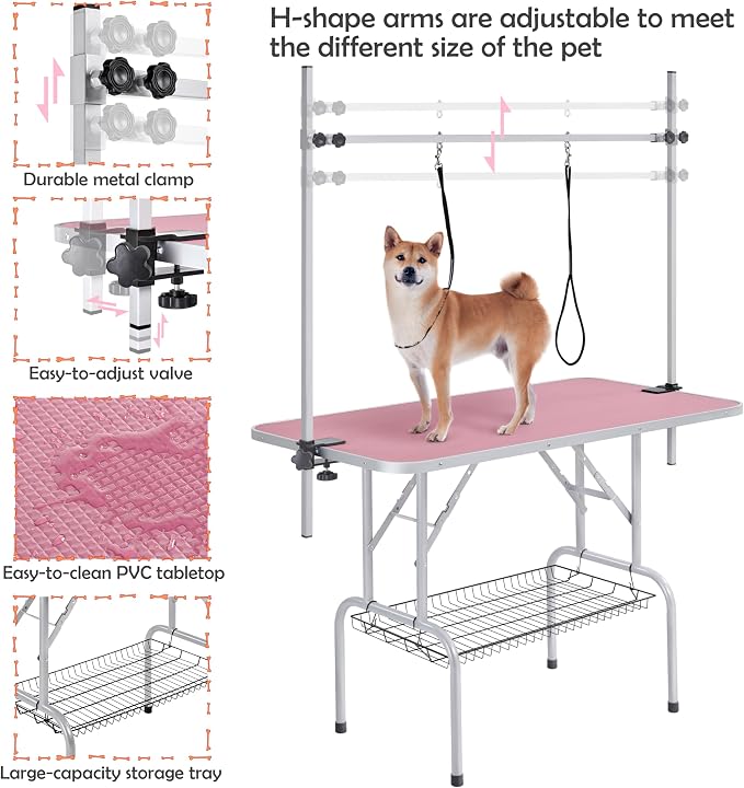 Yaheetech 46'' Pet Grooming Table for Large Dogs Adjustable Height - Portable Trimming Table Drying Table w/Arm/Noose/Mesh Tray Maximum Capacity Up to 265Lb -Pink - Image 4