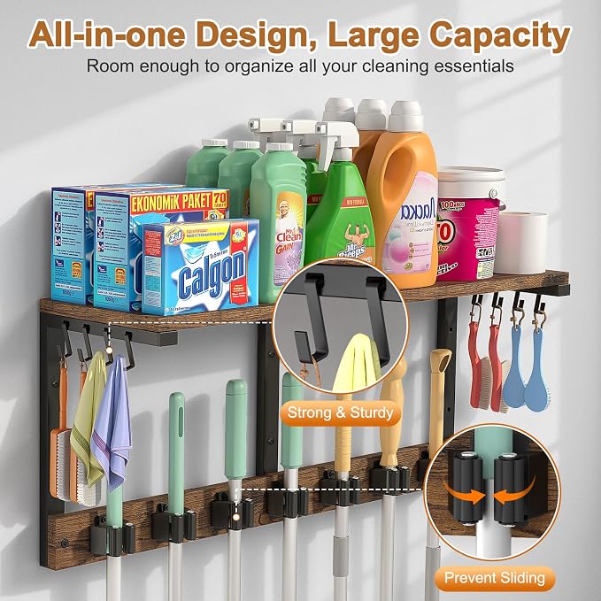 Housolution Wall Mount Broom Holder Laundry Room Storage Organizer Shelves | Thickened Metal Frame, 100 LBS High Load-Bearing, Large Capacity, Multifunctional with 7 Grippers & 8 Hooks - Image 2