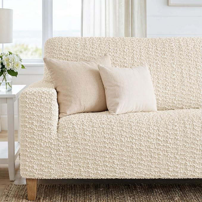 PAULTO BY GA.I.CO. Stretch Sofa Slipcovers – Soft Elastic Fabric Couch Cover for Armchair Loveseat 3-Seater & 4-Seater Sofa Cover – Non-Slip Furniture Protector Washable - Cream (64"-85" Wide) - Image 5