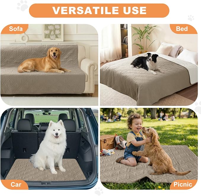 100% Waterproof Dog Bed Cover Pet Blanket(35"x71"),7-Layer Reversible Washable Sofa Couch for Furniture Car (Khaki+Off White) - Image 4