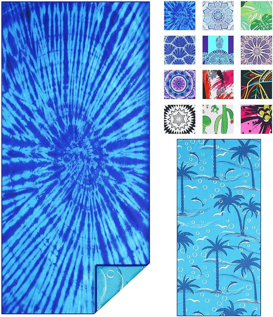 TwoYek Microfiber Beach Towel Extra Large 71x32 inches Blue Tie Dye Print | Thin Lightweight, Sand Free, Super Absorbent Quick Dry, Oversized for Travel Pool Swim Bath Accessories Vacation Essentials by TwoYek