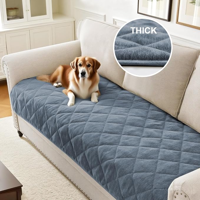 Couch Covers for Dogs Chenille Sofa Covers for 3 Cushion Washable Quilted Checkered Fuzzy Pet Couch Cover Soft Couch Protector Non-Slip Sofa Pads for Puppy Cat Kids(34.5" x 70", Stone Blue) - Image 2