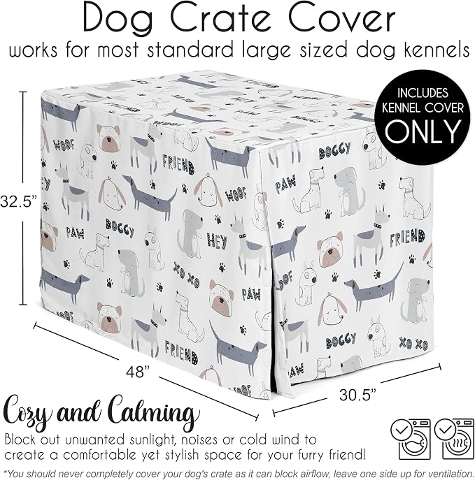 Sweet Jojo Designs 48in. Large Dog Crate Cover (Cartoon Puppy Print) Pet Cage, Kennel Covers (Neutral, Modern, Bulldog, Wiener Doggy, Paws, Whimsical, Playful, Woof, Dachshund, Blue, Taupe, Grey) - Image 5