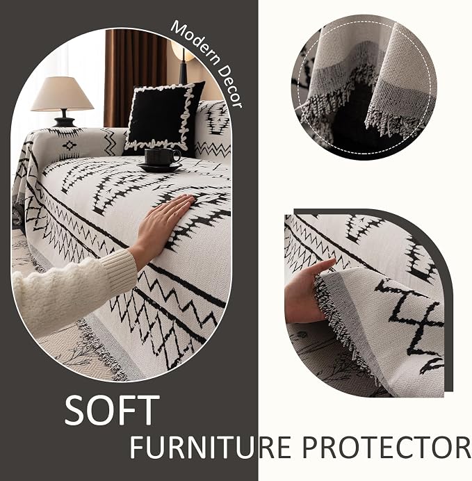 VClife Boho Aztec Couch Cover Extra Large Couch Cover for 3-4 Seat Sofa, Western White Slipcover Cover with Black Tribal Pattern, Soft Thick Chenille Furniture Sofa Covers wit Tassel, White, 71"X150" - Image 5