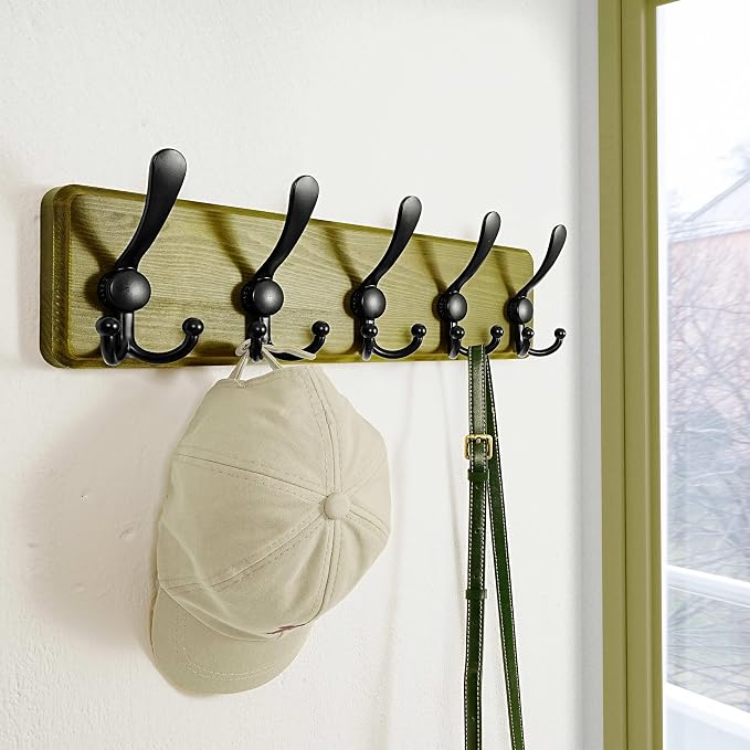 Dseap Coat Rack Wall Mount - Heavy-Duty Robust Barnwood-Style Wooden Wall Coat Hanger Hook Rail with 5 Triple Hooks for Winter Coats Hat Jacket Clothing, Weathered Green & Black, Pack of 2 - Image 7