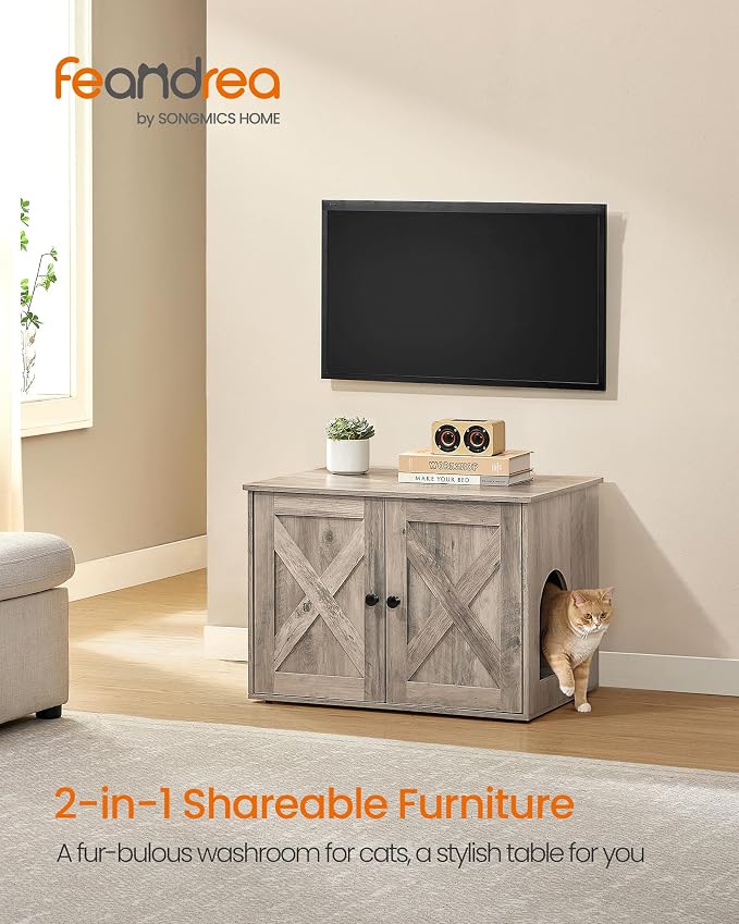 Feandrea Cat Litter Box Enclosure, Litter Box Furniture Hidden, Indoor Cat House, End Table, 27.6 x 19.7 x 19.7 Inches, Heather Greige UPCL022K01 - Image 2