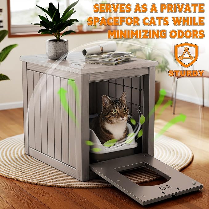 Cat Litter Box Enclosure, Multi-Functional Hidden Litter Box Furniture & Indoor Outdoor Cat House with Side Table Design, Openable Front Door & Raised Floor, Easy to Clean & Assemble, Grey - Image 3