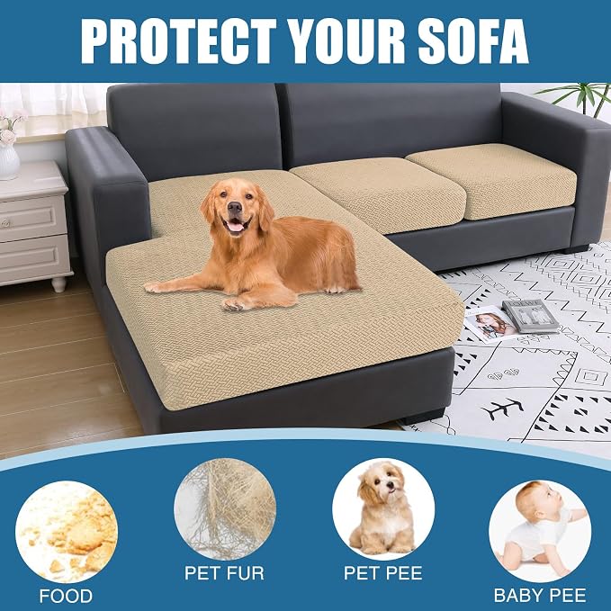 Smiry Waterproof Couch Cushion Covers, L Shape Sectional Couch Covers | Stretch Jacquard Chaise Lounge Sofa Slipcover, Washable Elastic Furniture Protector for Pets, Chaise, Light Brown - Image 5