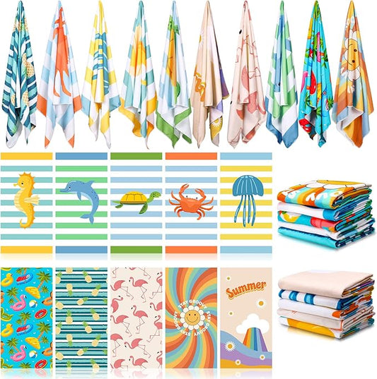Buryeah 10 Pcs Beach Towels 30 x 60 Inch Quick Dry Absorbent Beach Blanket Seahorse Dolphin Turtle Crab Jellyfish Flamingo Pineapple Sunflower Towel for Kids Sports Pool Picnic Camping Travel Swim by Buryeah