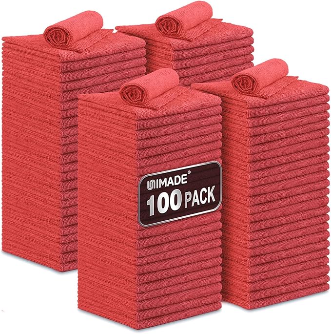 UNIMADE Shop Towels, 100 Pack Commercial Grade Work Rags Microfiber Towel | for Cars Cleaning Rag Bulk Detailing Cloth for Automotive Bar Mechanic Restaurant Garage Housekeeping, 11.5"x 11.5", Red by Unimade