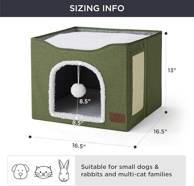 Bedsure Cat House Bed for Indoor Cats with Fluffy Ball and Scratch Pad | Loden Green,16.5x16.5x13 in,Large Cat Cave for Multiple Pets,Foldable Cat Hideway Cube for Sleeping Kitten - Image 6