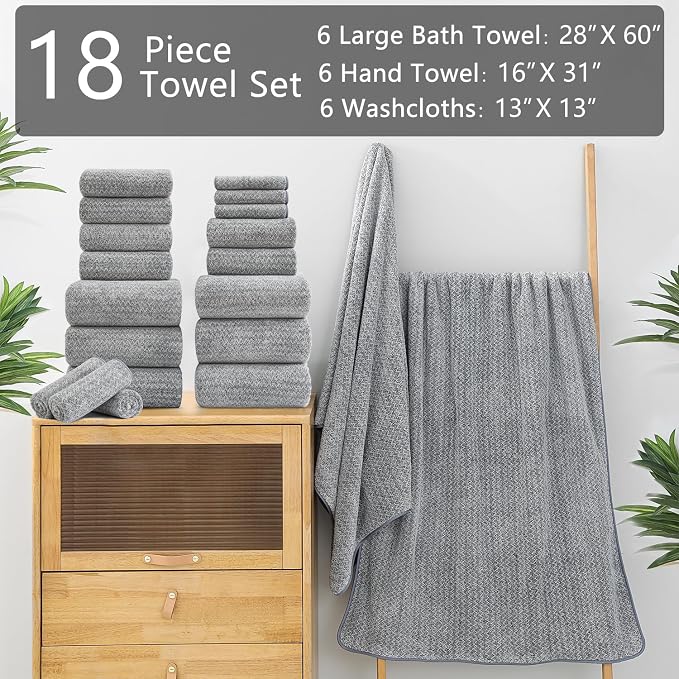 Ycosy 18 Piece Bath Towels Set,100% Microfiber Family Bathroom Towel with Hanging Loops-6 Bath Towels,6 Hand Towels,6 Washcloths,Quick Dry Highly Absorbent Shower Towel for Bathroom,Hotel,Spa-Grey - Image 2
