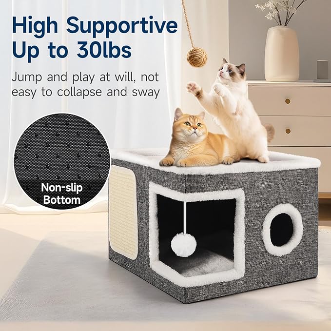 Shikha Cat House Bed for Indoor Cats with Fluffy Ball and Scratch Pad Grey | Foldable Large Cat Cave Hideaway with Cozy Condo, Hide and Seek Window, Holds Up to 30LBS, All Season Reversible Cushion - Image 4