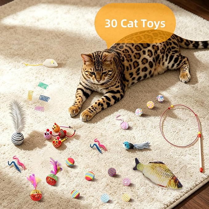 Cat Tunnel Bed with 30 Pcs Interactive Cat Toys, Cat Tube with Kitten Toys for Indoor Kittens, Collapsible Play Tunnel, White - Image 2