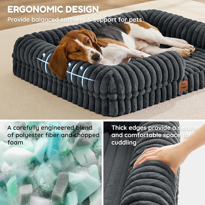 ChiXnuggle Faux Fur Orthopedic Dog Bolster Bed, Waterproof Washable Cover | rectangular dog sofa couch,egg crate foam,non-slip bottom,for large dogs,dark grey,35*28*7 - Image 2