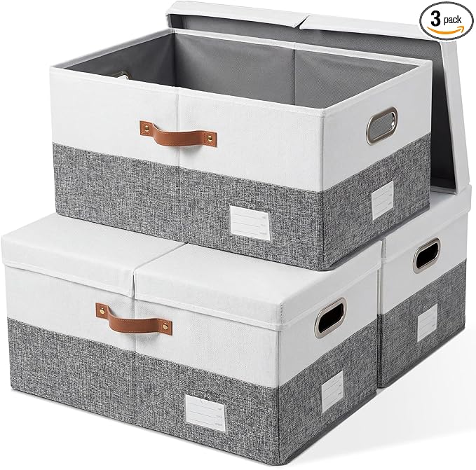 PRANDOM Storage Bins with Lids [3-Pack] Linen Fabric Foldable Storage Boxes Organizer Containers Baskets Cube with Cover for Bedroom Closet Office Grey&White (23.4X15.9X11.4) by Prandom
