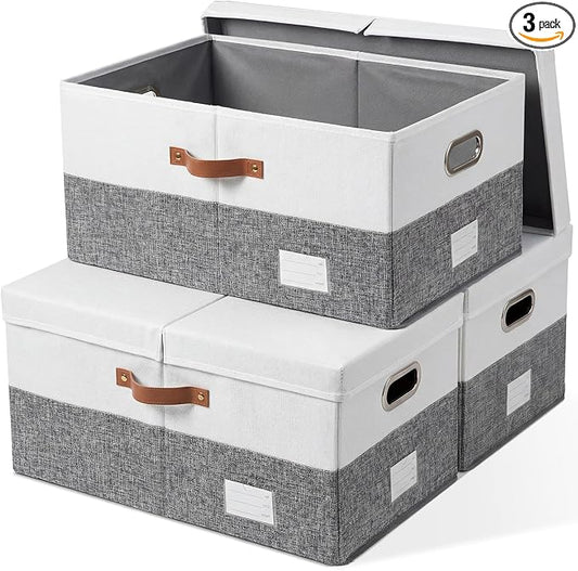 PRANDOM Storage Bins with Lids [3-Pack] Linen Fabric Foldable Storage Boxes Organizer Containers Baskets Cube with Cover for Bedroom Closet Office Grey&White (23.4X15.9X11.4) by Prandom