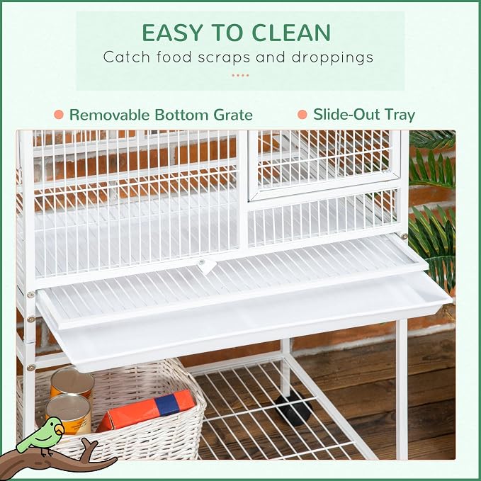 PawHut 55" Large Parrot Cage with Toy Hooks Above Top Bird Perch, Tray, Food Cups, Rolling Stand, Bird Cage for Cockatiels, Parakeets, Lovebirds | Above Top Bird Perch, Rolling Stand, for Cockatiels, Parakeets, Lovebirds - Image 5