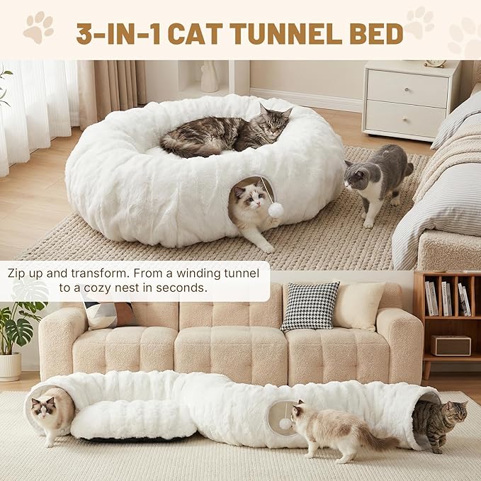 Extra Large Cat Tunnel, 47.2in Luxury Tunnel for Large Cats, Extra Long Bubble Fleece Big Cat Tunnel for Cats with Washable Mat, Skin-Friendly Large Tunnel for Cats, Puppy, Rabbits White - Image 4