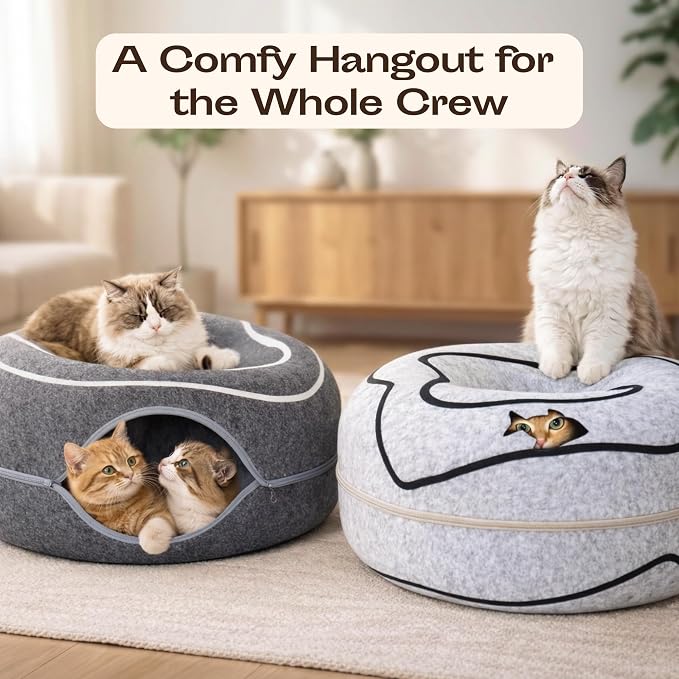 Peekaboo Cat Cave Donut - Cat Tunnel Bed for Indoor Cats – Cute Patterns Hideaway for Multiple & Large Cats, Scratch-Resistant (Dark Gray) - Image 2