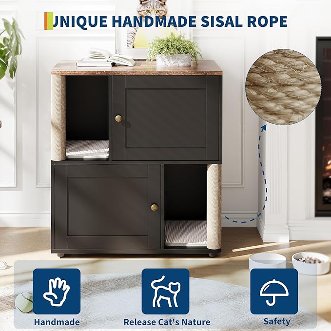 Garvee Cat Litter Box Enclosure Furniture for 2 Cats, Hidden Litter Box, Modern Double Layer Cats Washroom Furniture with 2 Scratch Mat and Cat Scratching Post, Side End Table for Living Room Hallway - Image 8