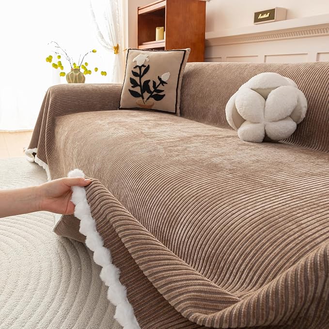 Brown Striped Chenille Sofa Cover for Sectional with Pom Pom Trim, Non Slip Couch Cover for Pets Washable, Soft Couch Protector for 2 Cushion Couch Boho Cute Throw Blanket for Living Room-71X118IN - Image 4