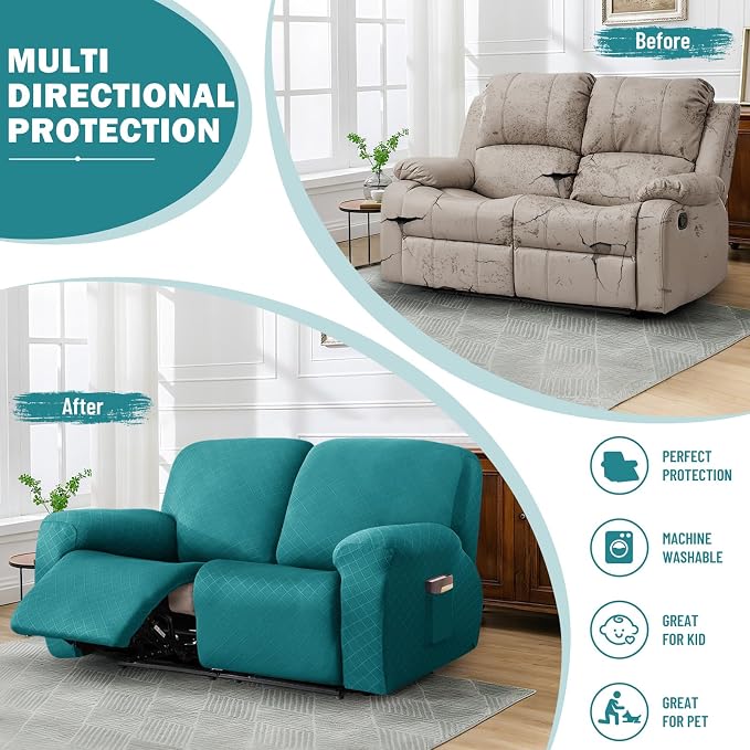 vctops Diamond Recliner Loveseat Slipcover 6-Pieces Stretch Dual Recliner Sofa Covers for 2 Seat Dual Reclining Loveseat Couch Soft Solid Furniture Protector (Teal,2 Seat) - Image 5