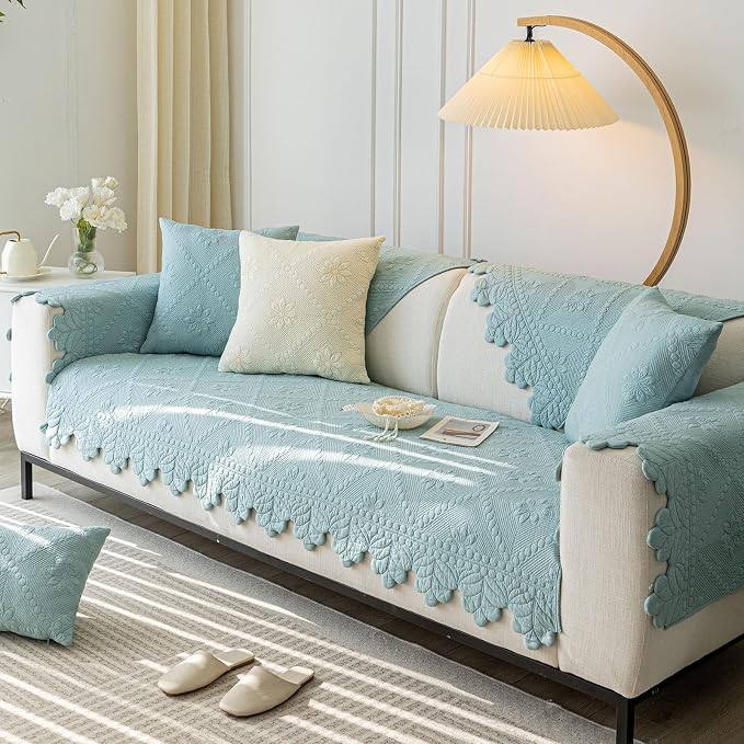 Cotton Quilted Dog Couch Cover for Sofa Farmhouse Rustic Embroidery Sectional Couch Cover Soft Anti-Slip Sofa Slipcover Furniture Protector for Kids, Pets (Blue,36"x82") - Image 3