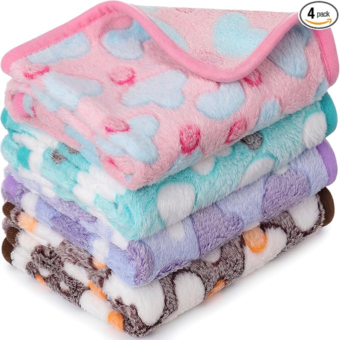 Tatuo 4 Pack Fleece Dog Blankets for Puppy Cats Multi-Size Sleep Mat for Pet Guinea Pig Soft Washable Crate Bed Puppy Teething Toys Print Pattern Warm Blanket Indoor(Pastel Color,24 x 16 Inch,Heart) by Tatuo
