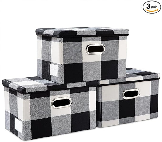 PRANDOM Collapsible Storage Bin with Lid [3-Pack] Fabric Foldable Storage Box Organizer Container Basket Cube with Cover for Home Bedroom Closet Office Nursery Black and White Grid(14.9x9.8x9.8) by Prandom