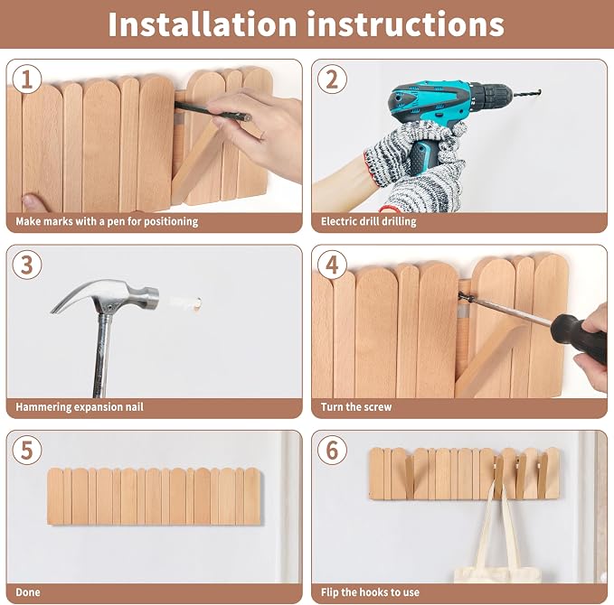 Wall Coat Rack for Entryway: Folding Wood Modern Heavy Duty 8 Hooks | 21.6'' Wall Mounted for Boho Home Decor Bathroom Bedroom Hallway for Hanging Towel Jacket Backpack Bag - Image 9