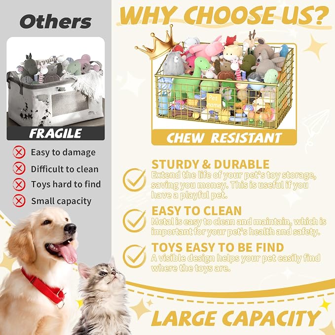 Kaiferty Indestructible Dog Toy basket, Large Toy Bin for Dogs,Pet Toy Bin Dog Metal Basket Organizer Storage for Toys Food Storage (Gold) - Image 2