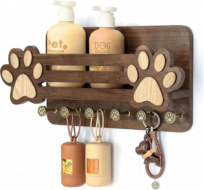 MTERSN Acacia Wood Dog Leash Holder for Wall - Fun Paw Key Holder Wall Mount with Floating Shelf and 6 Hooks- Retro Mail & Dog Accessories Organizer for Room Decor(Dark Acacia Wood) by MTERSN
