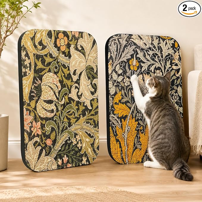 2 Pack Cat Wall Scratcher, Art Cat Scratching Board for Cats | Wall Mounted Cat Scratch Pad, Water-Based Ink, Hook&Loop Strips, Floor or Wall Use, 16.7x11x1 Inch, William Flower by LESISSMER