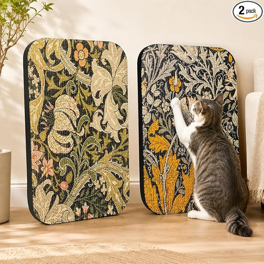 2 Pack Cat Wall Scratcher, Art Cat Scratching Board for Cats | Wall Mounted Cat Scratch Pad, Water-Based Ink, Hook&Loop Strips, Floor or Wall Use, 16.7x11x1 Inch, William Flower by LESISSMER