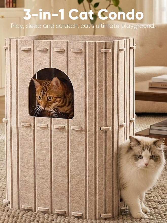 FUKUMARU Cat House for Indoor Cats, Warm Felt Cat Bed, Scratch Resistant | Large Cat Bed Cave, 3-in-1 Cat Condo, Cozy Felt Covered Cats Tunnel, 23.62 Inch Kitten Hideaway for Multicats, Beige - Image 2