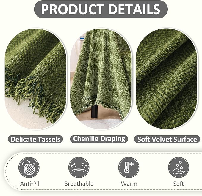 VClife Couch Cover for Dog Green Sofa Covers for Sectional Sofa, Non Slip Chenille Sofa Slipcover Protector with Tassel, Boho Chic Couch Cover Throw Washable Furniture Couch Protector, 71"X118" - Image 6