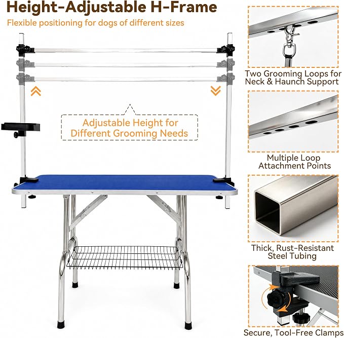 46'' Stainless Steel Dog Grooming Table, Foldable Pet Grooming Stand, Adjustable Arm, 2 Nooses & 2 Storage Baskets, Anti-Slip Top, Capacity, Medium Large Dog Cat Home Salon, Blue - Image 4