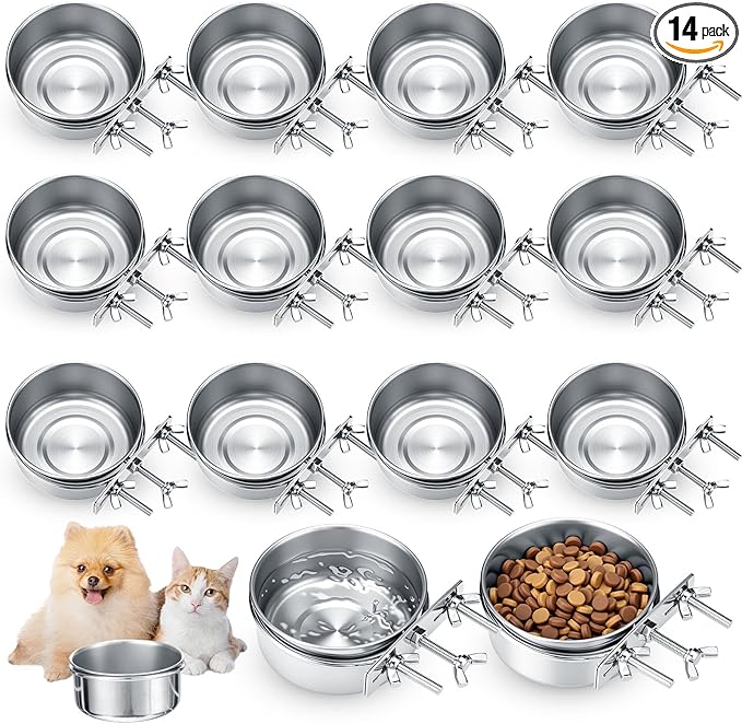 Silkfly 14 Pack Stainless Steel Hanging Dog Crate Bowls, Non-Spill Kennel Food & Water Bowls with Screw Clamp Holders, Removable, Easy to Clean Metal Cage Feeder for Pets(12 oz) by Silkfly