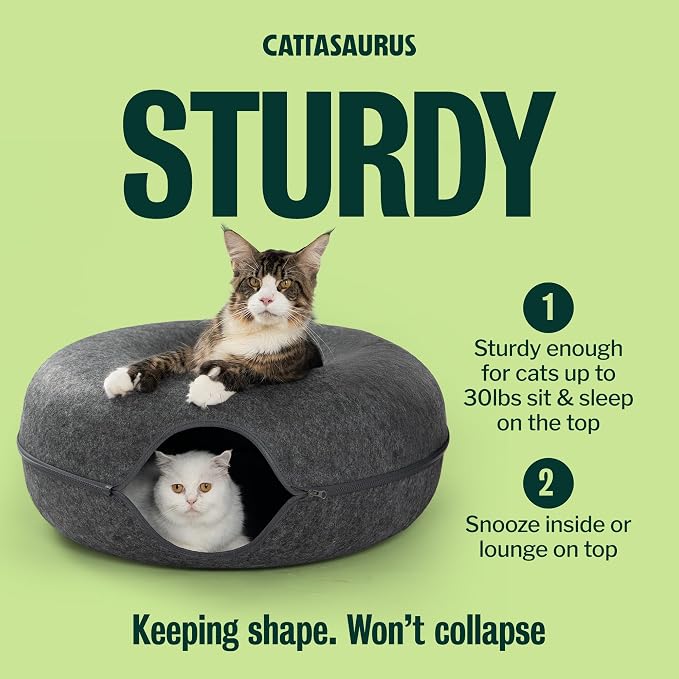 Cattasaurus Peekaboo Cat Cave Donut for Multiple & Large Cats up to 30-45 lbs, 3-in-1 Self Warming Cat Bed, Tunnel & Scratcher for Indoor Cats, Washable & Detachable Small Dog Bed (Dark Gray, Jumbo) - Image 4
